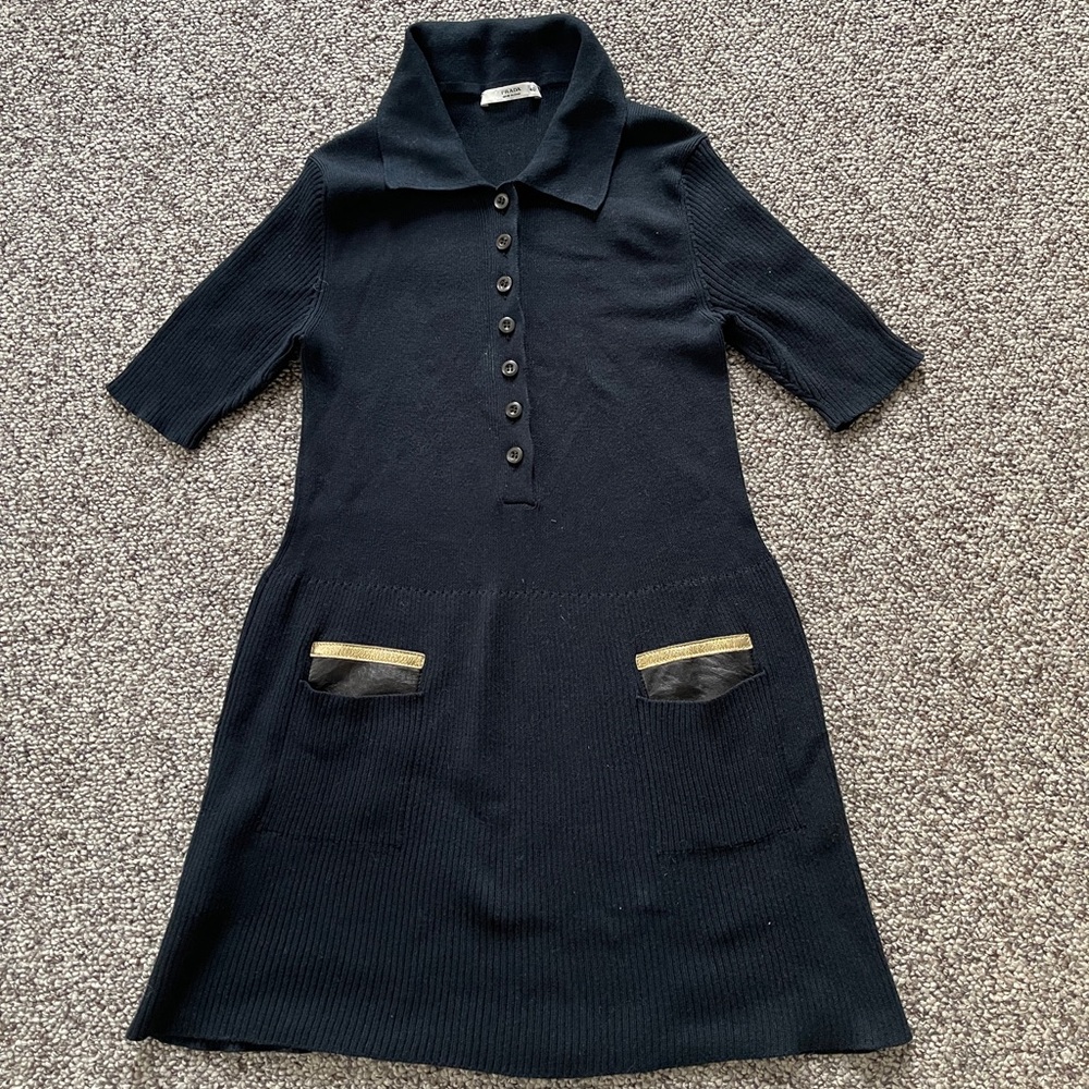 Prada Italy Ribbed Gold Trimmed Sweater Knit Tunic Dress 40 XS